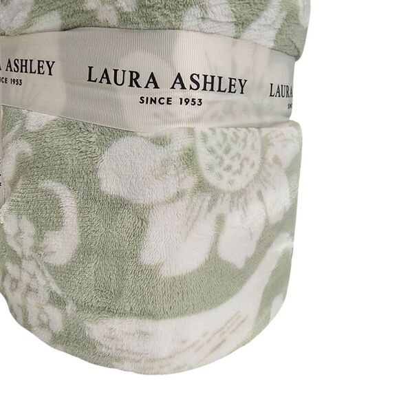 Laura‎ Ashley King Plush Blanket Reversible Floral Stripe Sage Ivory Shabby Chic - Picture 10 of 16